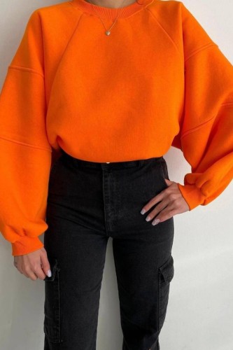 Orange Casual Solid Basic O Neck Tops