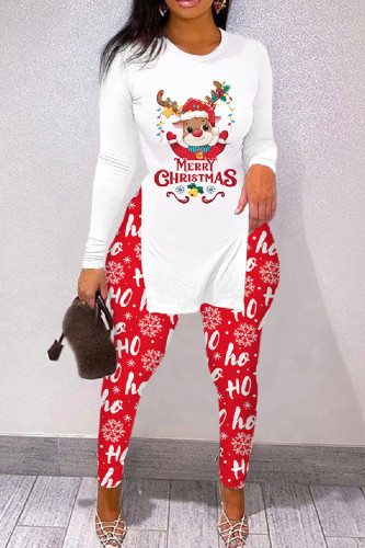 Red White Casual Print Slit O Neck Long Sleeve Two Pieces