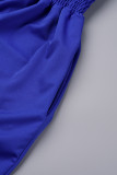 Blauwe casual effen patchwork losse jumpsuits met trekkoord en V-hals