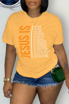 Gele casual streetprint patchwork letter O-hals T-shirts