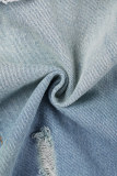 Синяя однотонная джинсовая куртка с кисточками и пуговицами в стиле пэчворк с отложным воротником и длинными рукавами
