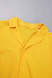 Amarelo casual sólido bandagem patchwork fivela turndown colarinho vestidos plus size