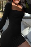 Черные сексуальные повседневные однотонные лоскутные платья с квадратным воротником и длинными рукавами