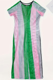 Rosafarbenes, lässiges, gestreiftes, durchsichtiges, geschlitztes Patchwork-Patchwork-Kleid mit kurzen Ärmeln und O-Ausschnitt in Übergröße