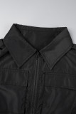 Ropa de abrigo de cuello vuelto con cremallera de bolsillo de patchwork sólido de calle negro