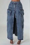 Azul profundo casual sólido retalhos fenda cintura alta saias jeans regulares