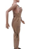 Brown Casual Solid Patchwork Spaghetti Strap Regular Jumpsuits (Without Tops)