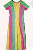 Rosafarbenes, lässiges, gestreiftes, durchsichtiges, geschlitztes Patchwork-Patchwork-Kleid mit kurzen Ärmeln und O-Ausschnitt in Übergröße