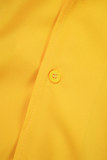Abiti casual gialli con fasciatura solida, patchwork, fibbia, colletto con risvolto, linea A, abiti taglie forti
