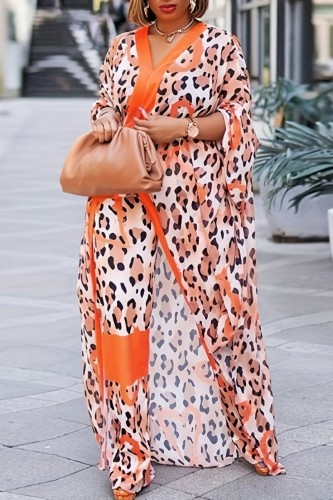 Orange Casual Print Patchwork V Neck Plus Size Two Pieces