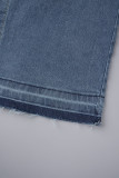 Deep Blue Casual Solid Patchwork High Waist Regular Split Cargo Denim Maxi Skirts