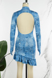 Blå sexigt tryck Patchwork Stringy Selvedge Mandarin Krage tryckt klänning klänningar