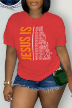 Camisetas con cuello en O de patchwork con estampado de calle informal rojo