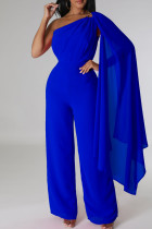 Blauer, eleganter, einfarbiger Patchwork-Jumpsuit mit lockerer Schulterpartie