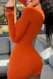 Orange, sexy, lässige, feste Patchwork-Kleider mit quadratischem Kragen und langen Ärmeln