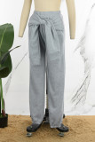 Pantalon décontracté gris uni, patchwork, taille moyenne, conventionnel, couleur unie