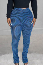 Pantaloni patchwork regolari a vita media patchwork a righe blu