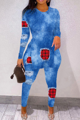 Blue Casual Print Slit O Neck Long Sleeve Two Pieces