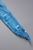 ブルーのセクシーなプリント パッチワーク ストリング セルビッジ マンダリン カラー プリント ドレス ドレス