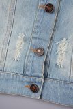 Blue Street Solid Tassel Patchwork Buckle Buttons Turndown Collar Long Sleeve Regular Cropped Denim Jacket