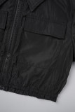 Schwarze Street Solid Patchwork Tasche Reißverschluss Umlegekragen Oberbekleidung