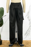 Pantalon décontracté noir uni, patchwork, taille moyenne, conventionnel, couleur unie