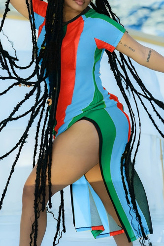 Sky Blue Casual Striped Patchwork See-through Slit O Neck Short Sleeve Dress Plus Size Dresses