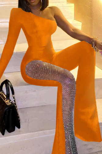 Oranje casual effen patchwork backless skinny jumpsuits met schuine kraag