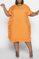 Tangerine Red Casual Solid Flounce V Neck Straight Plus Size Dresses