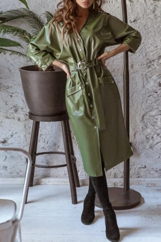 Green Casual Solid Patchwork V Neck A Line Dresses