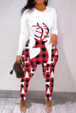 White Red Casual Print Slit O Neck Long Sleeve Two Pieces