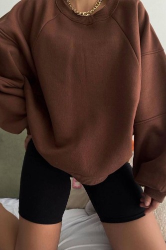 Coffee Casual Solid Basic O Neck Tops