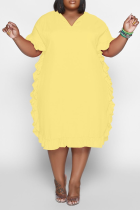 Yellow Casual Solid Flounce V Neck Straight Plus Size Dresses