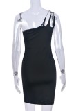 ブラック セクシー カジュアル プリント バックレス オブリーク カラー スリング ドレス ドレス