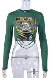 Green Casual Print Ripped O Neck Tops
