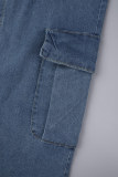Tiefblaue, lässige, solide Patchwork-Jeansröcke mit Schlitz und hoher Taille