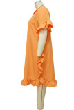 Tangerine Red Casual Solid Flounce V Neck Straight Plus Size Dresses