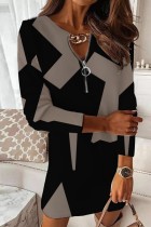 Черный хаки Повседневные платья с длинными рукавами и воротником-молнией с принтом в стиле пэчворк