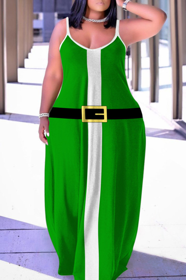 Зеленое сексуальное повседневное длинное платье с вырезом на спине и бретельками с принтом Платья
