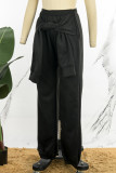Schwarze, lässige, solide Patchwork-Hose mit normaler mittlerer Taille und herkömmlicher einfarbiger Hose