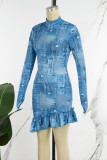 ブルーのセクシーなプリント パッチワーク ストリング セルビッジ マンダリン カラー プリント ドレス ドレス