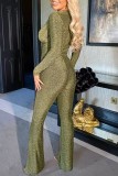Green Casual Solid Patchwork V Neck Jumpsuits