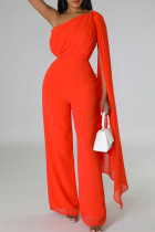 Tangerine Red Elegant Solid Patchwork One Shoulder Loose Jumpsuits