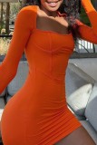 Oranje sexy casual effen patchwork jurken met vierkante kraag en lange mouwen