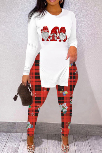 White Red Casual Print Slit O Neck Long Sleeve Two Pieces