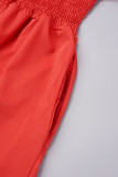 Roter, lässiger, einfarbiger, lockerer Jumpsuit mit Kordelzug und V-Ausschnitt