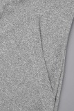 Macacão cinza sexy sólido patchwork com cordão e bolso com zíper e capuz regular