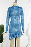 Blå sexigt tryck Patchwork Stringy Selvedge Mandarin Krage tryckt klänning klänningar