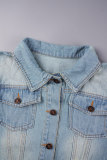 Blue Street Solid Tassel Patchwork Buckle Buttons Turndown Collar Long Sleeve Regular Cropped Denim Jacket