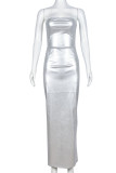 Silver Sexy Solid Patchwork Strapless Dresses